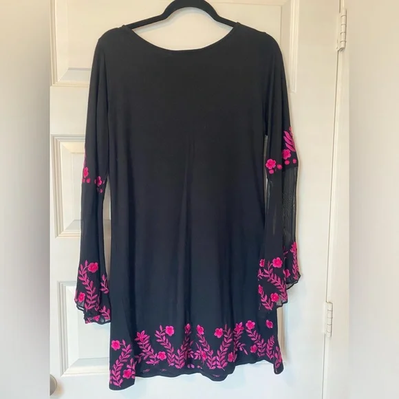 Bellsleeve Black Dress with Pink Floral Accents - Picture 3 of 5